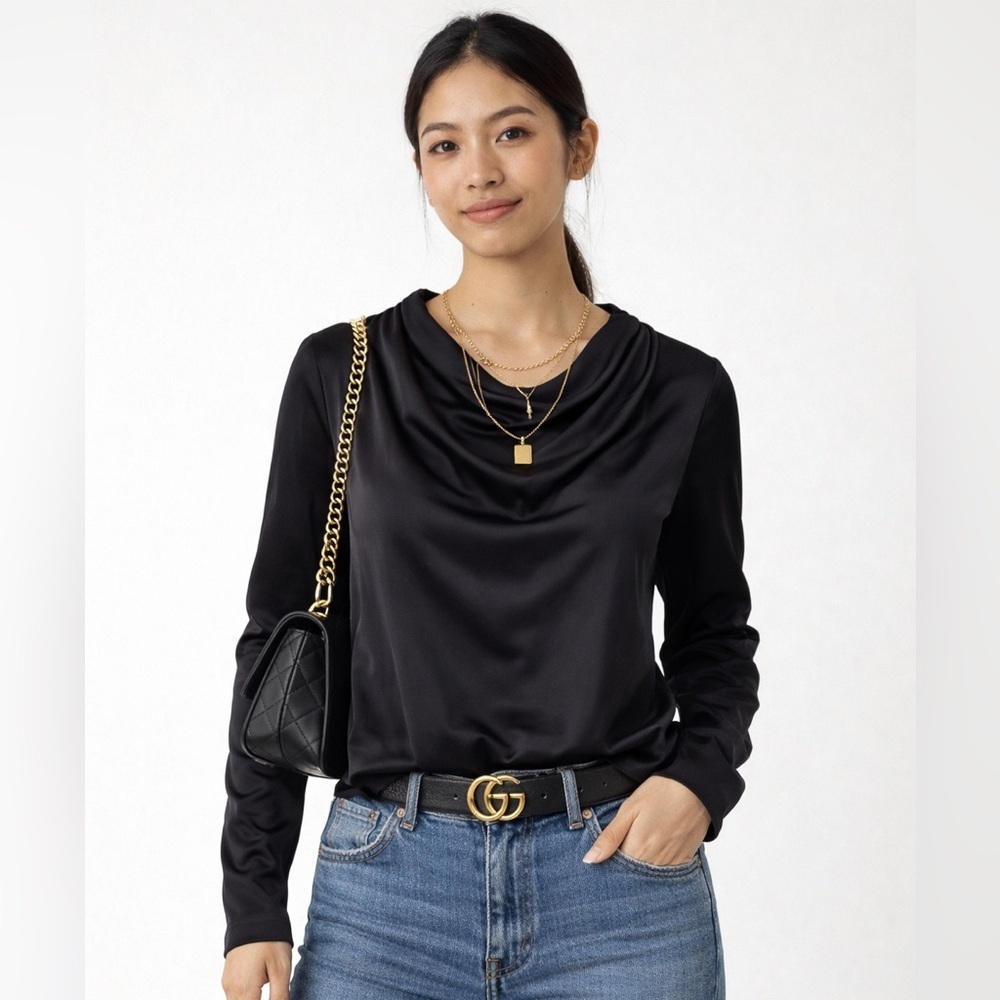 STOCKH LM Women Black Satin Long Sleeve Shirt Blouse Top size Small Laura Blouse